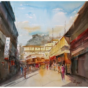 Shaima umer, Market in Murree, 14 x 14 Inch, Water Color on Paper, Cityscape Painting, AC-SHA-023